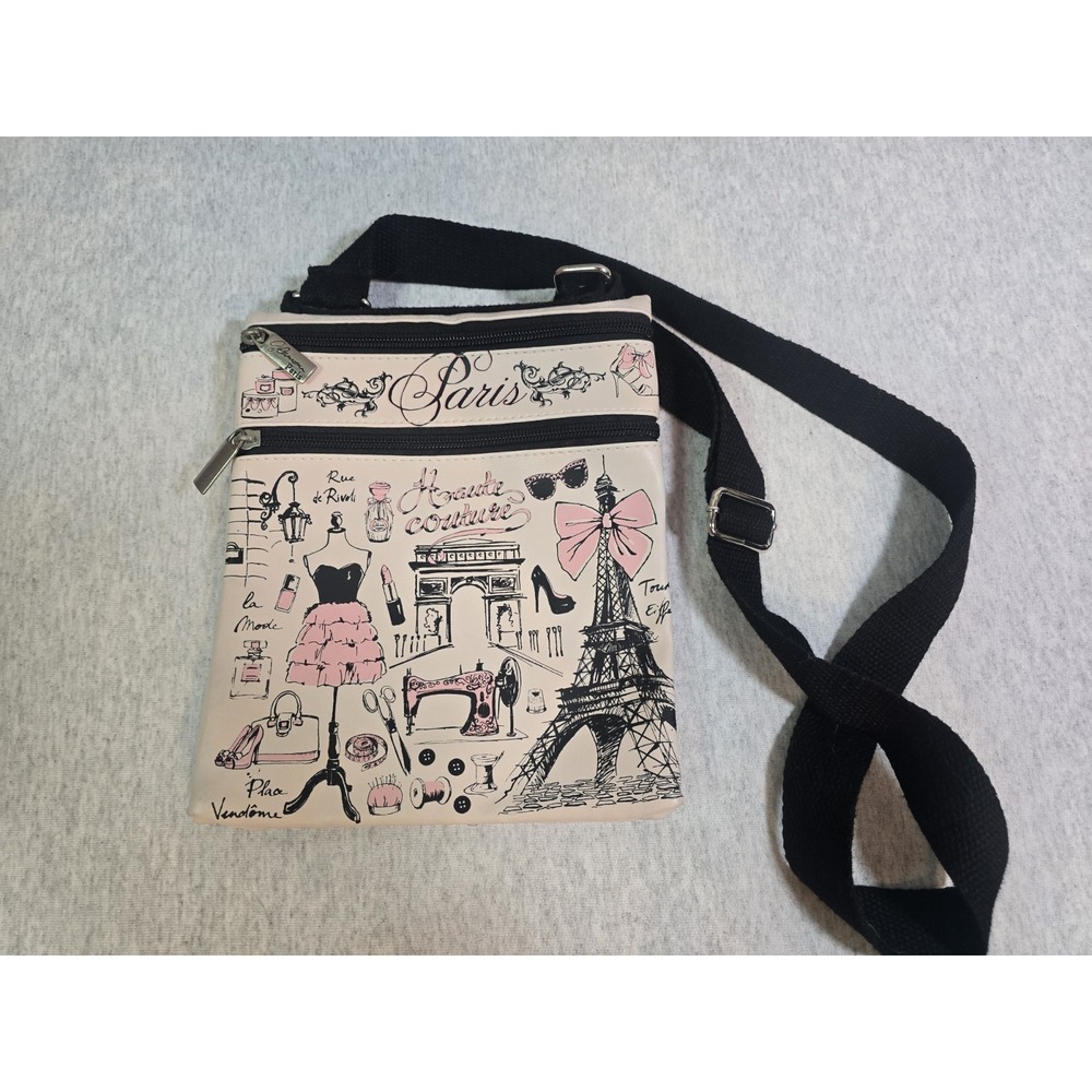 crossbody bag double sided Paris 4 pockets with zippers. Shoulder strap in black